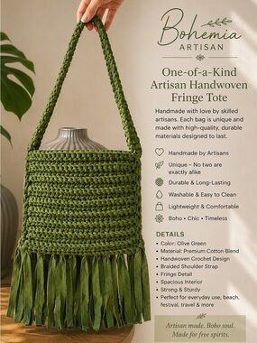 Bohemia Artisan Handmade Crochet Fringe Shoulder Bag Olive Green Boho